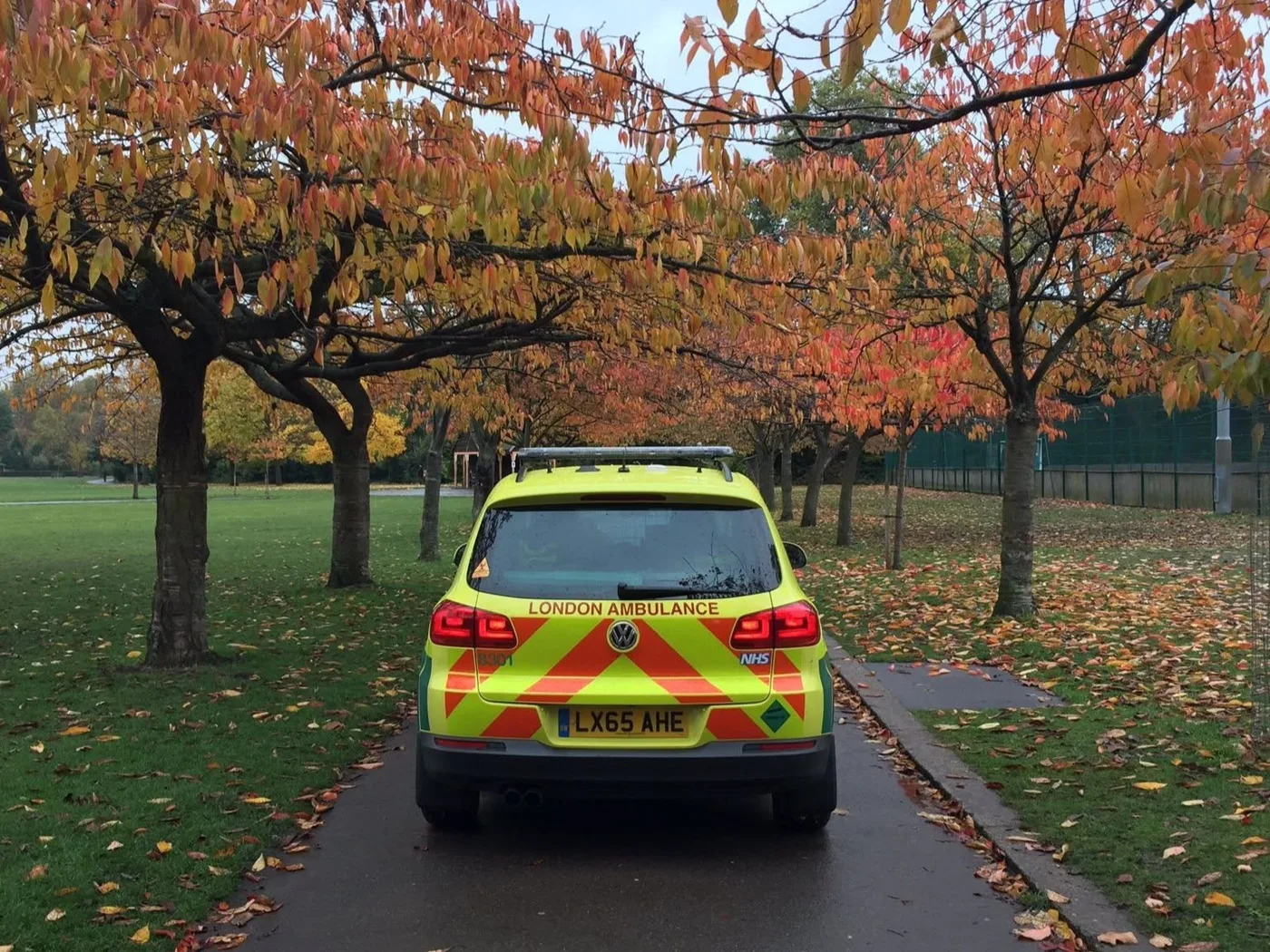 A yellow London Ambulance response car parked on a path under trees with orange autumn leaves in a park