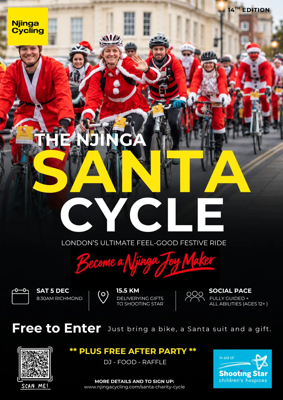 Poster for the Njinga Santa Cycle on Saturday 5 December, 8.30am in Richmond: 15.5km, free to enter, bring a bike, a Santa suit and a gift, with a free after party
