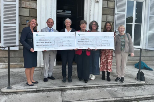 Councillor Penny Frost and Councillor Clare Vollum with representatives of Crossroads Care and Small Steps and the two cheques