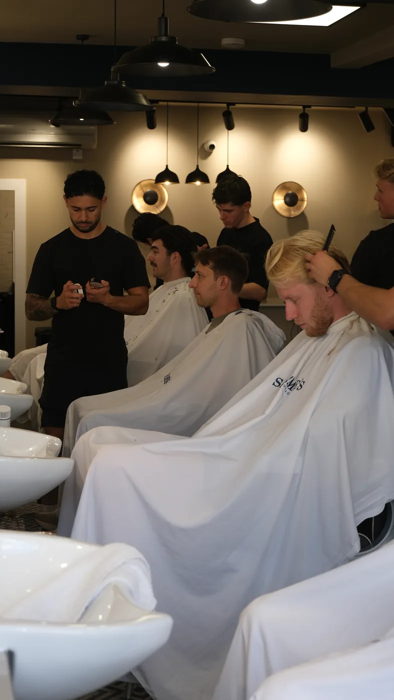 A row of barber chairs and washbasins with several customers being attended to