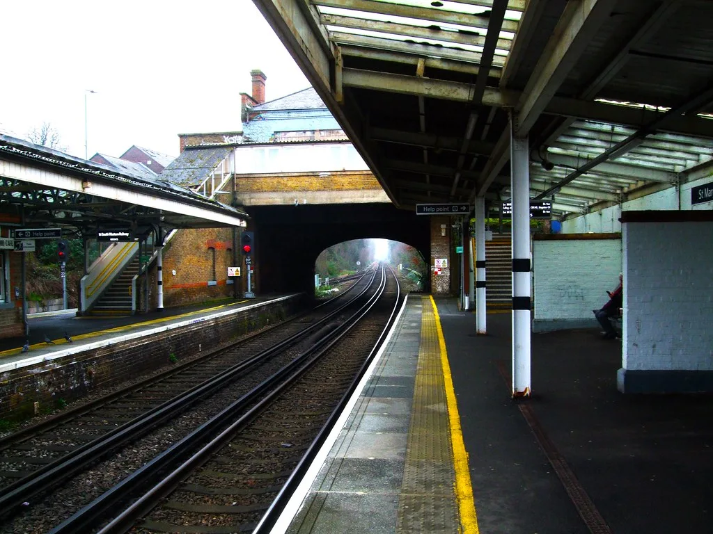 The platforms at St Margarets station, looking under the road bridge