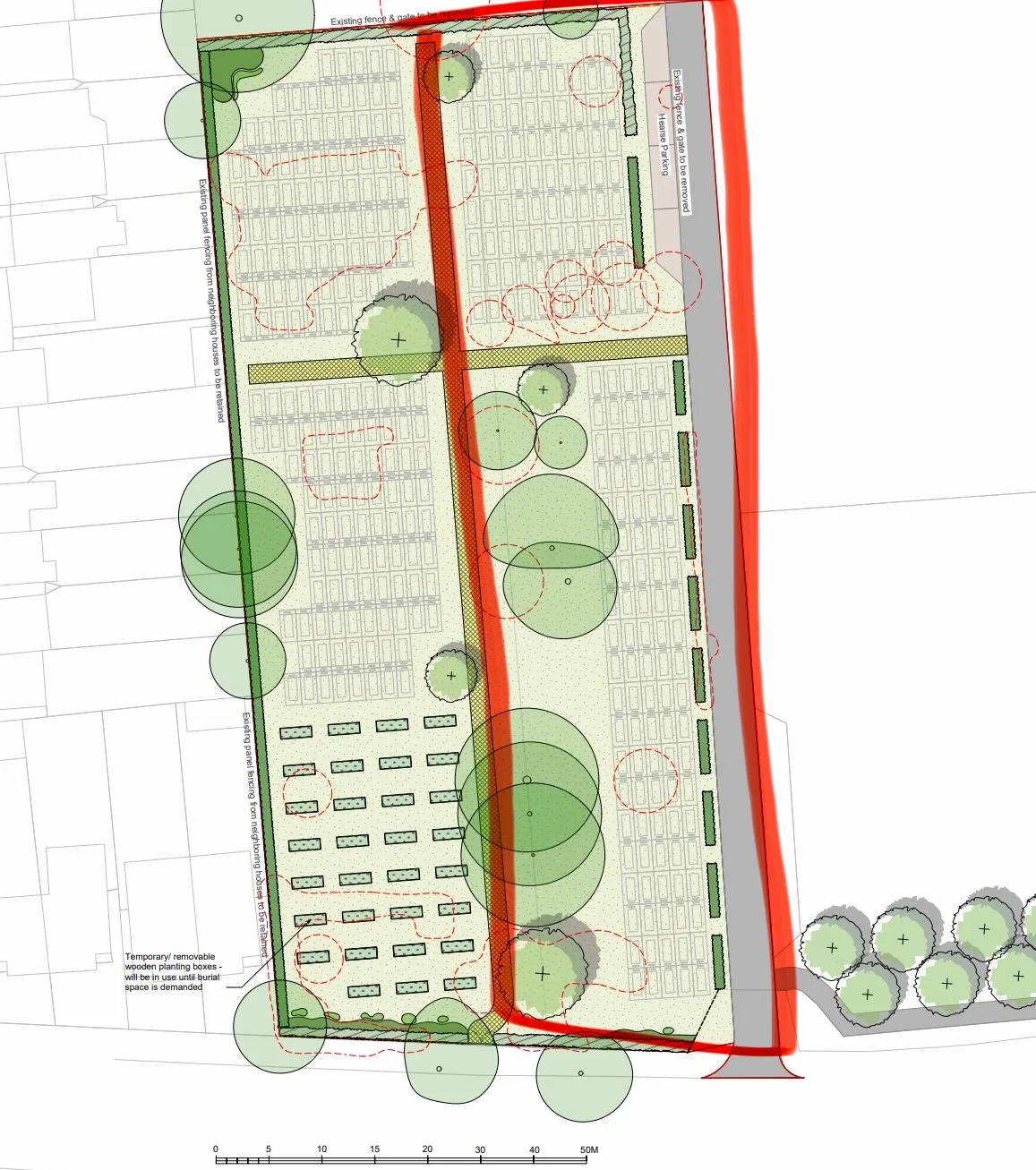 A site plan drawing showing rows of plots with an area outlined in red